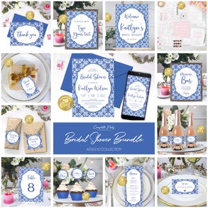 Mediterranean bridal shower template bundle, tuscan invitation suite, game pack, blue azulejos printable stationery, corjl template