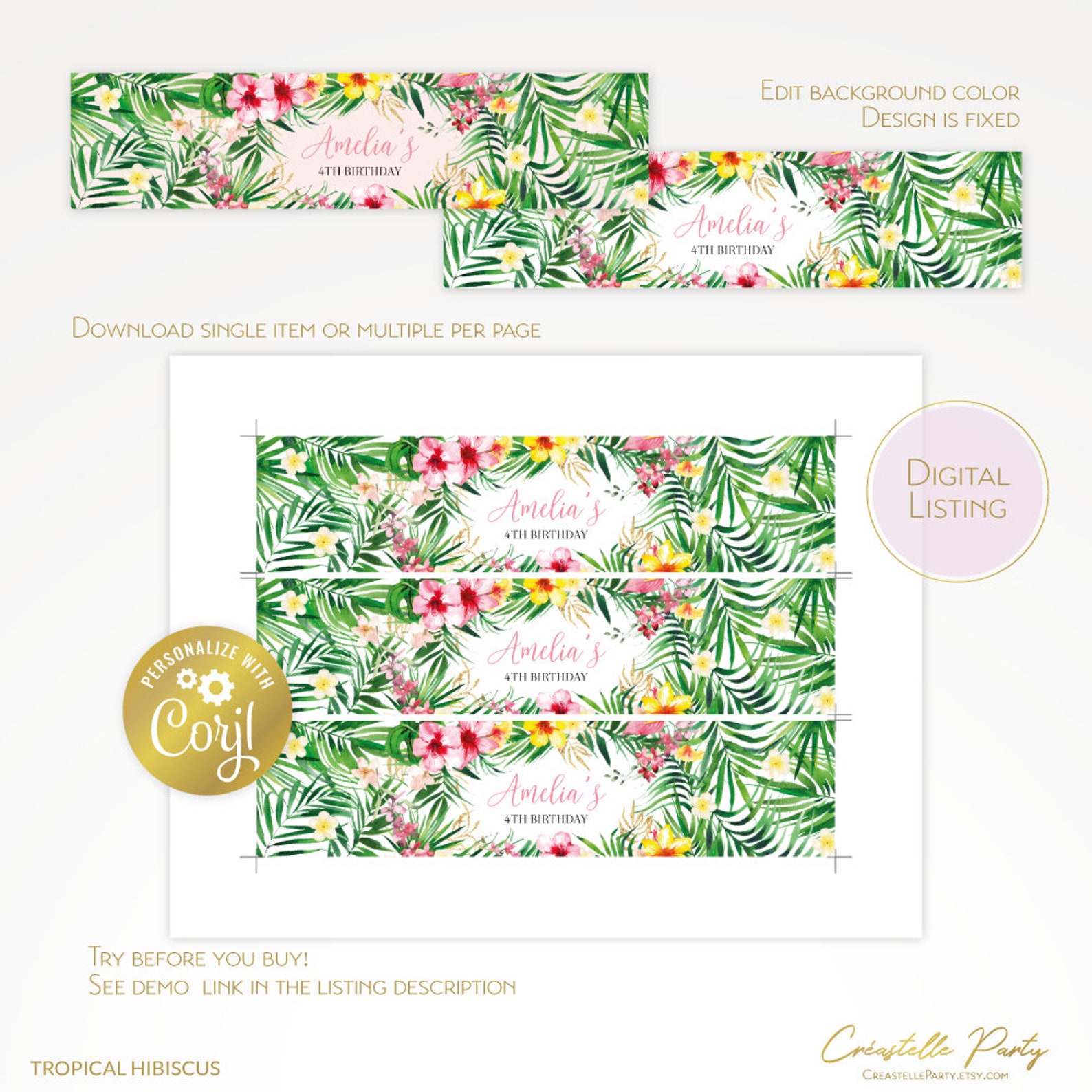 Tropical Floral Editable Water Bottle Label, Hawaiian Flowers Birthday