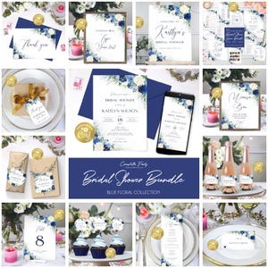 Blue floral bridal shower template bundle, navy and cream invitation suite, game pack, floral printable stationery, corjl template