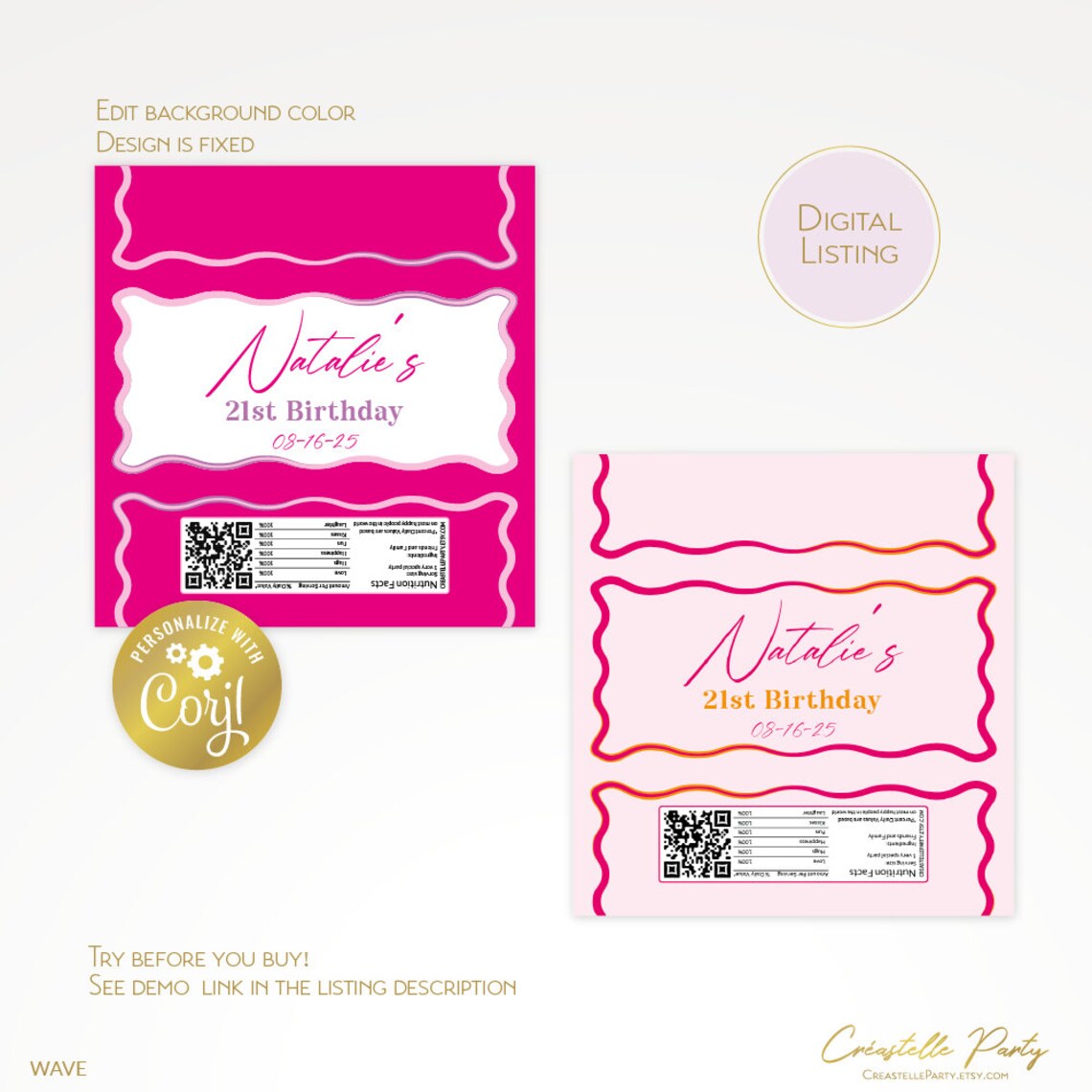 Wavy Editable Chocolate Bar Wrapper, Pink & Orange Birthday Snacks ...