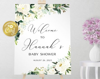 Sinal de boas-vindas floral branco, sinal editável de rosas em aquarela, decoração de festa para impressão de flores e vegetação, editável com corjl