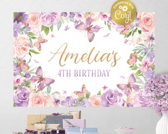 Puede incluir: Telón de fondo de cumpleaños floral morado y rosa con mariposas doradas y el texto "Amelia's 4th Birthday".