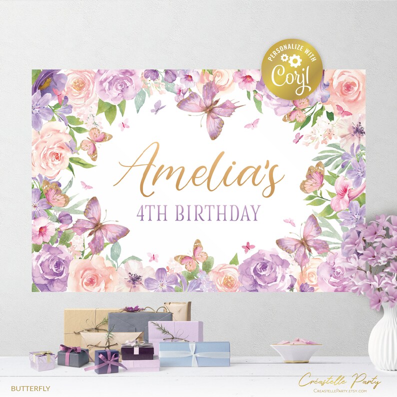 May include: Purple and pink floral birthday backdrop with gold butterflies and the text "Amelia's 4th Birthday".