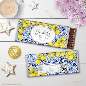 Mediterranean lemon editable chocolate bar wrapper, azulejos blue tile birthday snacks label, digital party favor printable, corjl template