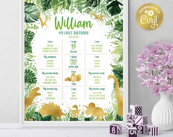 Puede incluir: Un póster imprimible de primer cumpleaños en verde y dorado con temática de la jungla. El póster presenta un dinosaurio, hojas y el nombre "William". Incluye detalles sobre la edad, el peso, la altura, los alimentos favoritos y las canciones del niño.