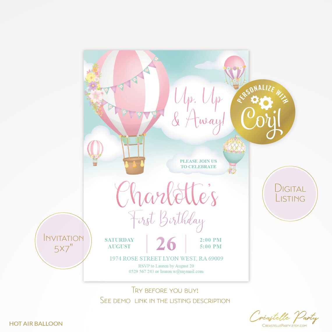 Max Air Invitations Hot Air Balloon Invitation, Pink and Turquoise Editable Up, up & Away ...