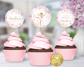 May include: Pink and gold cupcake toppers with a ballerina and butterfly design. The toppers say "Amelia's 4th Birthday" and "Happy Birthday Amelia's".