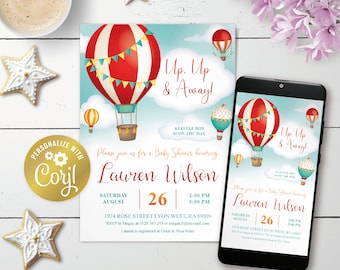 Hot Air Balloon red invitation, editable Up, Up & Away baby shower digital invitation, printable, sky, cloud evite, corjl template
