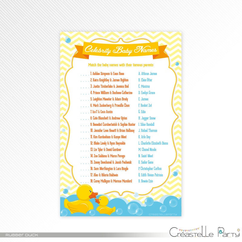 Blue rubber duck Celebrity Baby Names game aqua and yellow Etsy