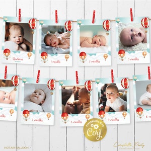 Bannière rouge du premier anniversaire en montgolfière, modifiable Première année Up, Up & Away en images, cartes photo, guirlande photo imprimable 12 mois