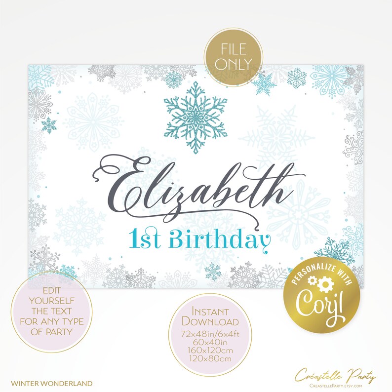 May include: A printable sign for a first birthday party with a winter wonderland theme. The sign is white with a blue and gray snowflake pattern. The text on the sign reads "Elizabeth 1st Birthday". The sign is available in multiple sizes, including 72x48 inches, 60x40 inches, 160x120 centimeters, and 120x80 centimeters.