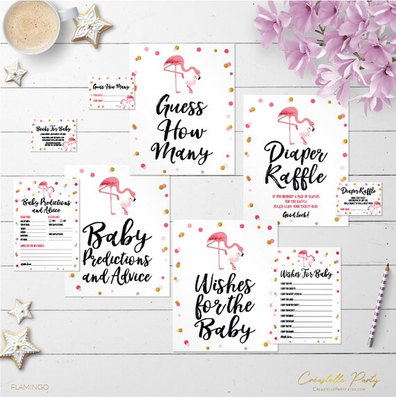 Flamingo baby shower printable games package 1, pink and gold dots game bundle, INSTANT DOWNLOAD Il_570xn