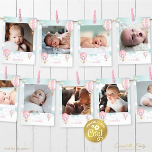 Banner rosa per il primo compleanno di mongolfiera, primo anno modificabile Up, Up & Away in immagini, cartoline fotografiche, ghirlanda fotografica stampabile di 12 mesi