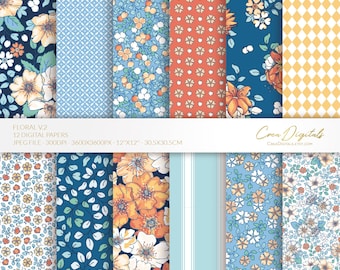 Floral Digital Paper Pack, Navy, Coral, Yellow, 12 seamless ditsy flowers pattern volume 2 (Digital Download)