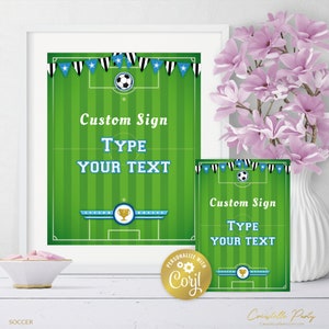 Soccer field custom sign template, blue football editable printable, sport team party decoration, soccer ball party sign, corjl template