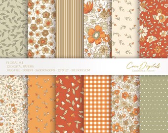 Floral Digital Paper Pack, Brick Cream Kaki, 12 seamless ditsy flowers pattern (Digital Download)