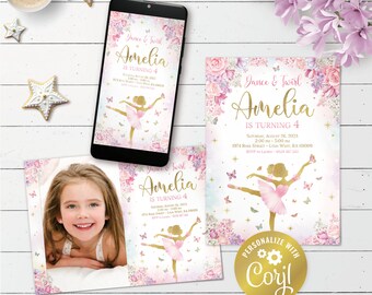 May include: A pink and gold ballerina birthday invitation with a watercolor background. The invitation features a ballerina with butterflies and flowers. The text on the invitation reads "Dance & Twirl Amelia is turning 4".