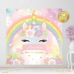 Editable unicorn backdrop file, square floral party poster, star decoration, unicorn face background, rainbow, corjl template, FILE ONLY
