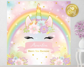 Editable unicorn backdrop file, square floral party poster, star decoration, unicorn face background, rainbow, corjl template, FILE ONLY