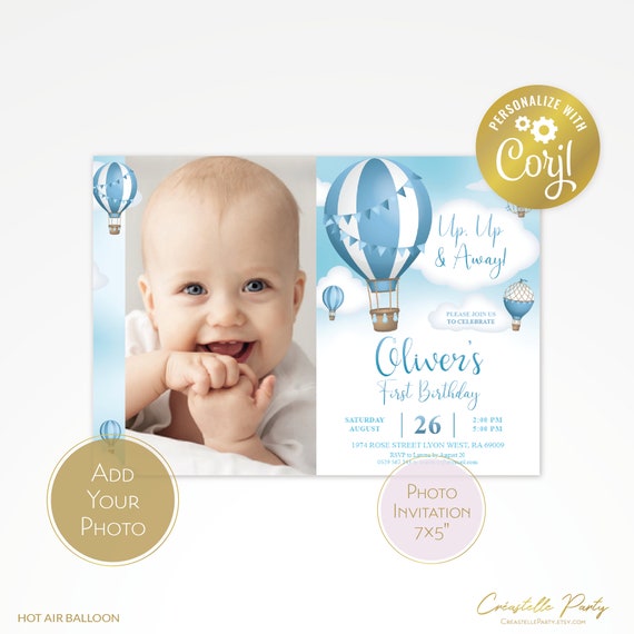 Hot Air Balloon Invitation, Editable Up, up & Away Birthday