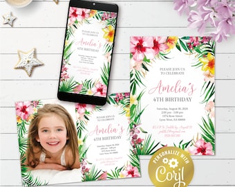 Invitación floral tropical, invitación digital de cumpleaños de flores hawaianas editables, imprimible en la selva, hibisco evite, plantilla corjl