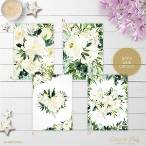 May include: Four different designs for a white floral wedding invitation. The designs feature white flowers with green leaves on a white background. The text "White Floral" is at the bottom of the image.
