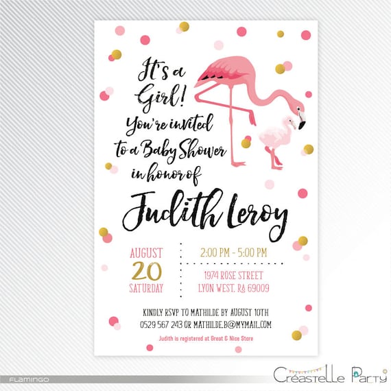 Flamingo baby shower printable invitation, pink and gold dots invitation, digital invitation Il_570xn