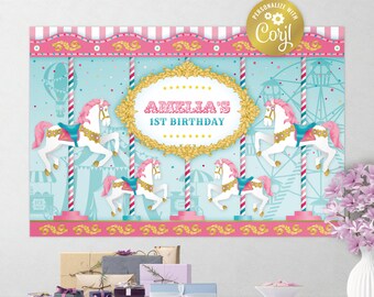 Archivo de fondo de carnaval editable, cartel de fiesta grande, decoración de carrusel, rosa, fondo de cumpleaños de circo acuático, plantilla corjl, SÓLO ARCHIVO