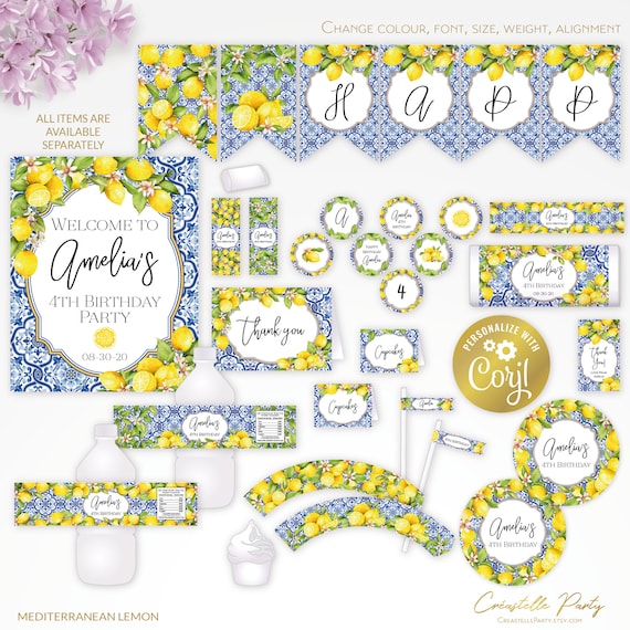 Mediterranean lemon, tuscan editable party decor package, azulejos blue tile printable, italian digital party supplies, corjl template Il_570xn