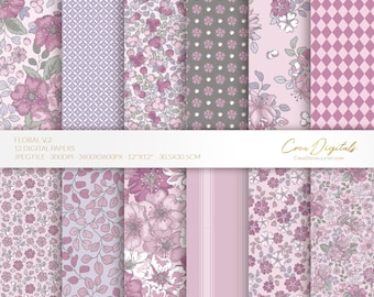 Floral Digital Paper Pack, Lavender Lilac Grey , 12 seamless ditsy flowers pattern volume 2 (Digital Download)
