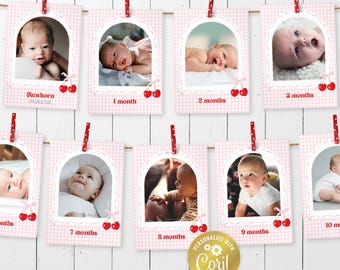 Cherry pink first birthday banner, editable pretty coquette first year in picture, photo card, printable 12 months photo garland template