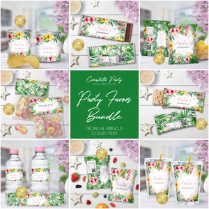 Tropical floral editable party treats package, hawaiian flowers snacks label bundle, digital party favor, printable set, corjl template