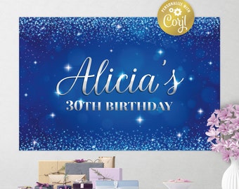 Puede incluir: Pancarta de cumpleaños azul y plateada con purpurina con el texto "Alicia's 30th Birthday".
