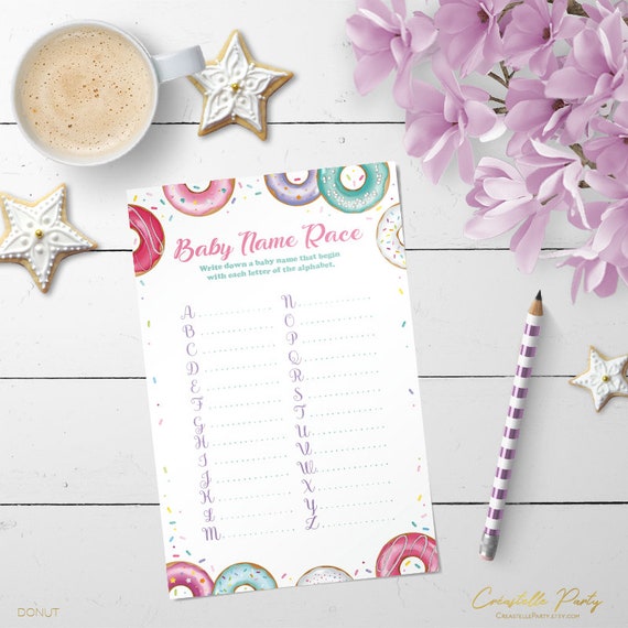 Pink donut Baby name race, doughnut printable baby shower game, sprinkle game, INSTANT DOWNLOAD Il_570xn