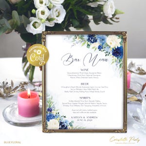 Plantilla de letrero de boda con menú de bar con flores azules, editable e imprimible en azul marino y crema, letrero de bebida con flores y vegetación, plantilla corjl