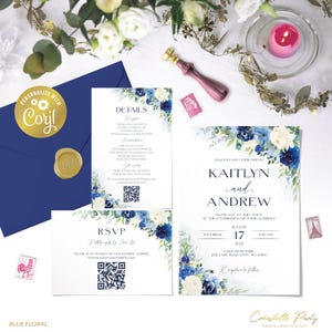 Suite d'invitations numériques modifiable de mariage floral bleu, evite imprimable bleu marine et crème, détails, RSVP, verdure, modèles corjl