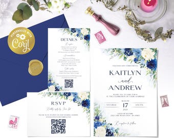 Blue floral wedding editable digital invitation suite, navy and cream printable evite, details, RSVP, greenery, corjl templates
