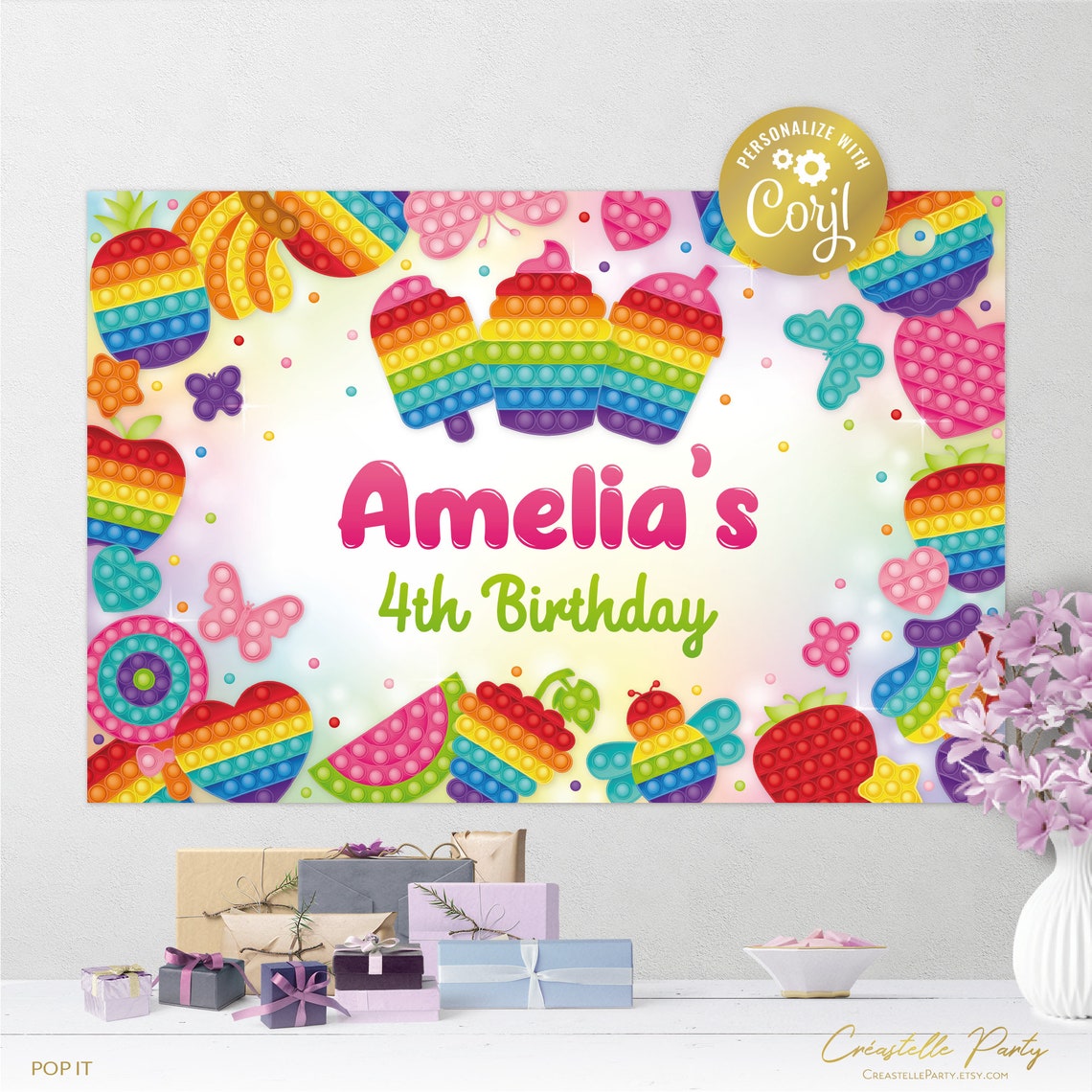 Editable Pop It Backdrop File Bright Rainbow Party Poster | Etsy