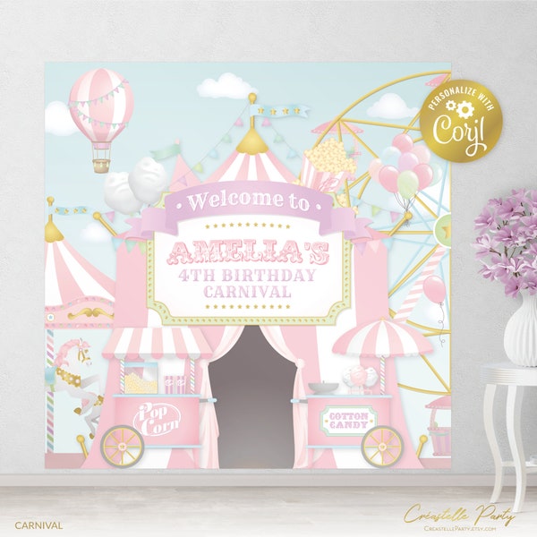 Editable carnival backdrop file, square big top party poster, decoration, pastel pink circus birthday background, corjl template, FILE ONLY
