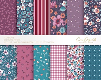 Floral Digital Paper Pack, Teal, Purple, Orange, 12 seamless ditsy flowers pattern (Digital Download)