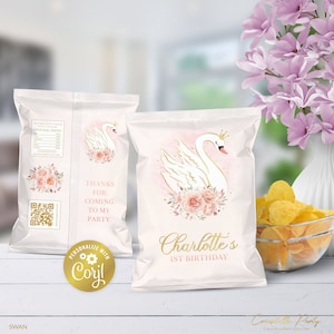 Schwanenprinzessin Chipstütenverpackung, blush rosa, goldenes Geburtstags-Snacks-Etikett, digitales Gastgeschenk, florales druckbares Etikett, Corjl-Vorlage