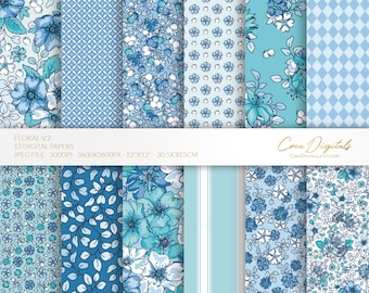 Floral Digital Paper Pack, Blue, Aqua and Navy, 12 seamless ditsy flowers pattern volume 2 (Digital Download)