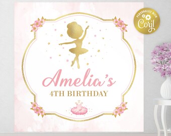 Bearbeitbare Ballerina-Hintergrunddatei, quadratisches rosa Ballettplakat, Tutu-Partydekoration, Tanz- und Wirbelhintergrund, Corjl-Vorlage, NUR DATEI