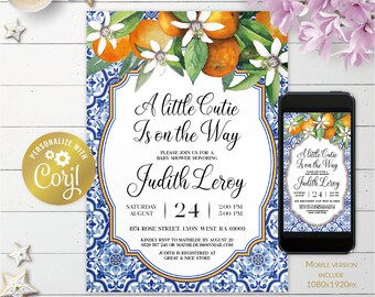 Mediterranean oranges, a little cutie editable neutral baby shower digital invitation, clementine printable, azulejos evite, corjl template
