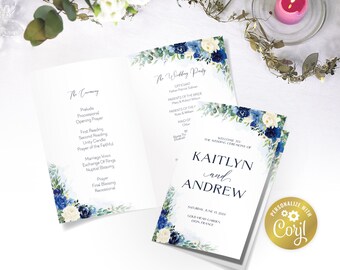 Blue floral wedding folded program template, navy and cream editable ceremony program, greenery printable, corjl template