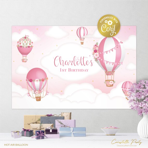 Editable Hot Air Balloon pink backdrop file, Up, Up and Away poster