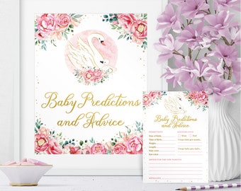 Swan predictions for the baby game and sign, blush floral printable baby shower game, pink and gold digital game, INSTANT DOWNLOAD