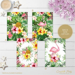 May include: Four tropical-themed cards with watercolor illustrations. Designs include a pineapple, a flamingo, and various flowers. The cards are surrounded by lush green foliage. Text on the cards reads "Tropical Flower Flamingo" and "Back Side Option."