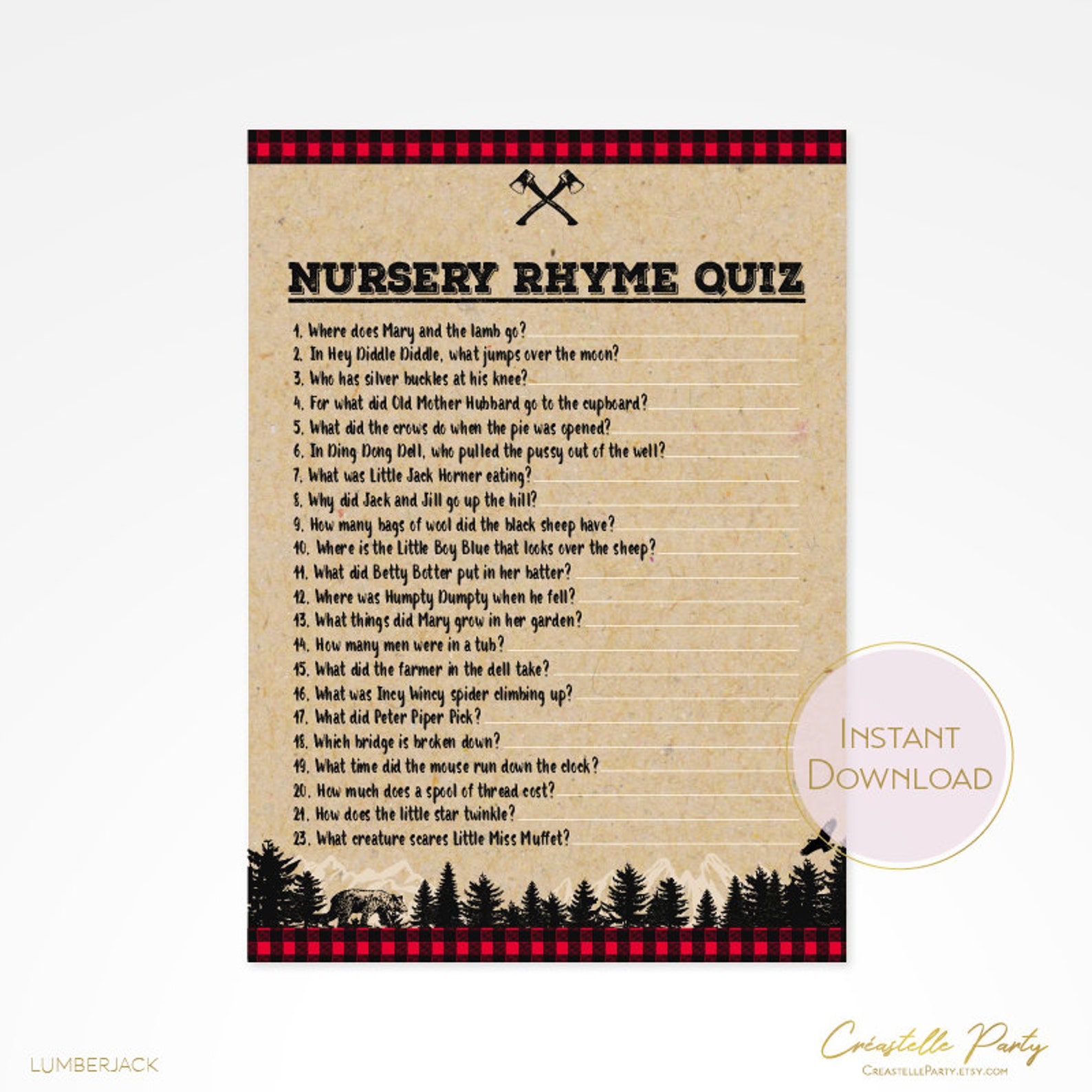 Rustic Lumberjack Buffalo Plaid Nursery Rhymes Quiz Woodland Etsy