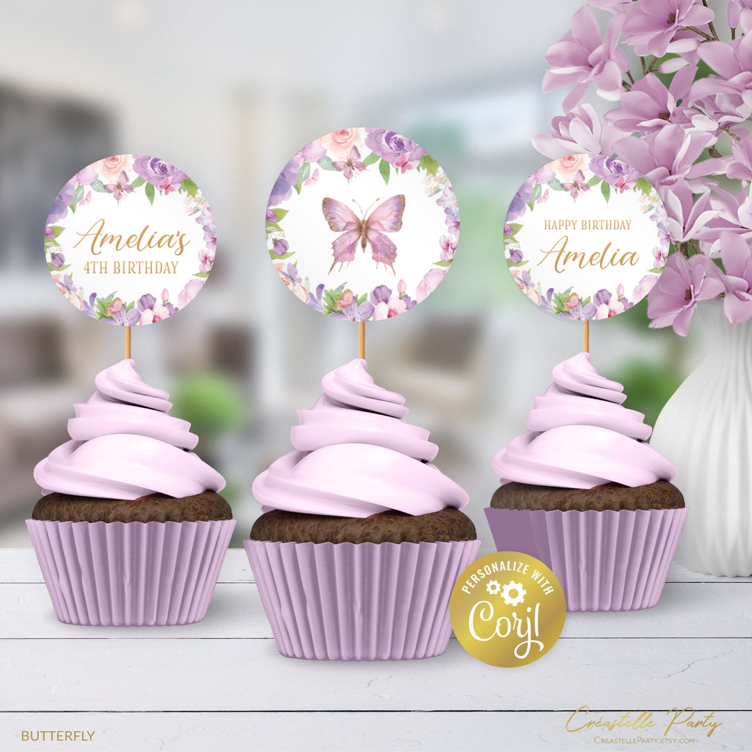 Butterfly Editable Cupcake Toppers, Lavender &amp; Pink Birthday Label ...